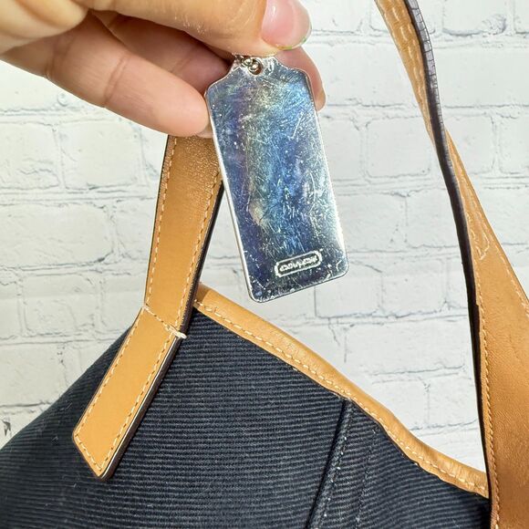 Coach Stripe Canvas Leather Trim Tote Bag Satchel Shoulder Bag Large Academia - Picture 10 of 16